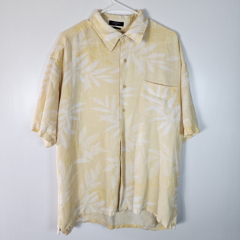 Nautica Shirt‎ Men's XL Yellow White Floral Linen Blend Button Up Short Sleeve